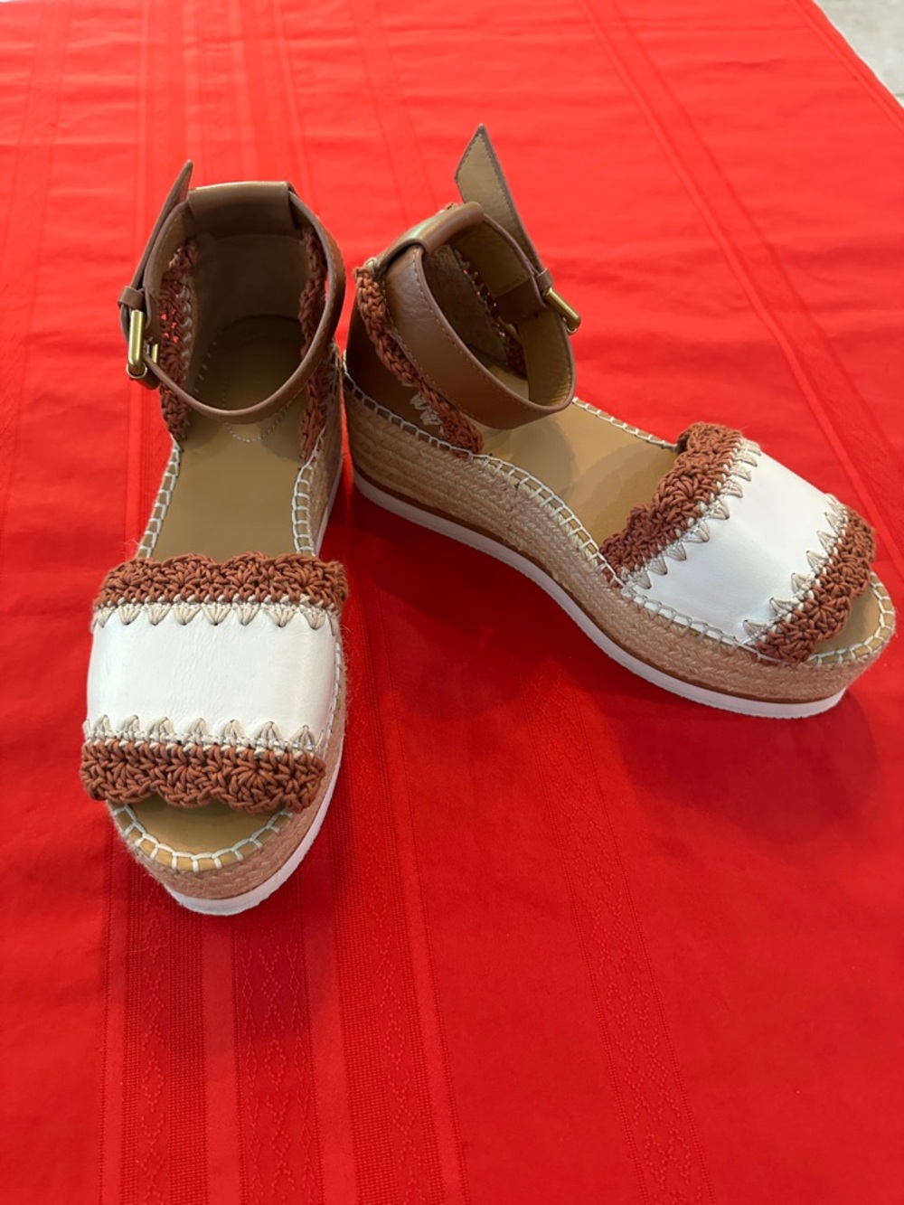 Anthropologie See By Chloe White and Brown Crochet Espadrille Wedge Sandals